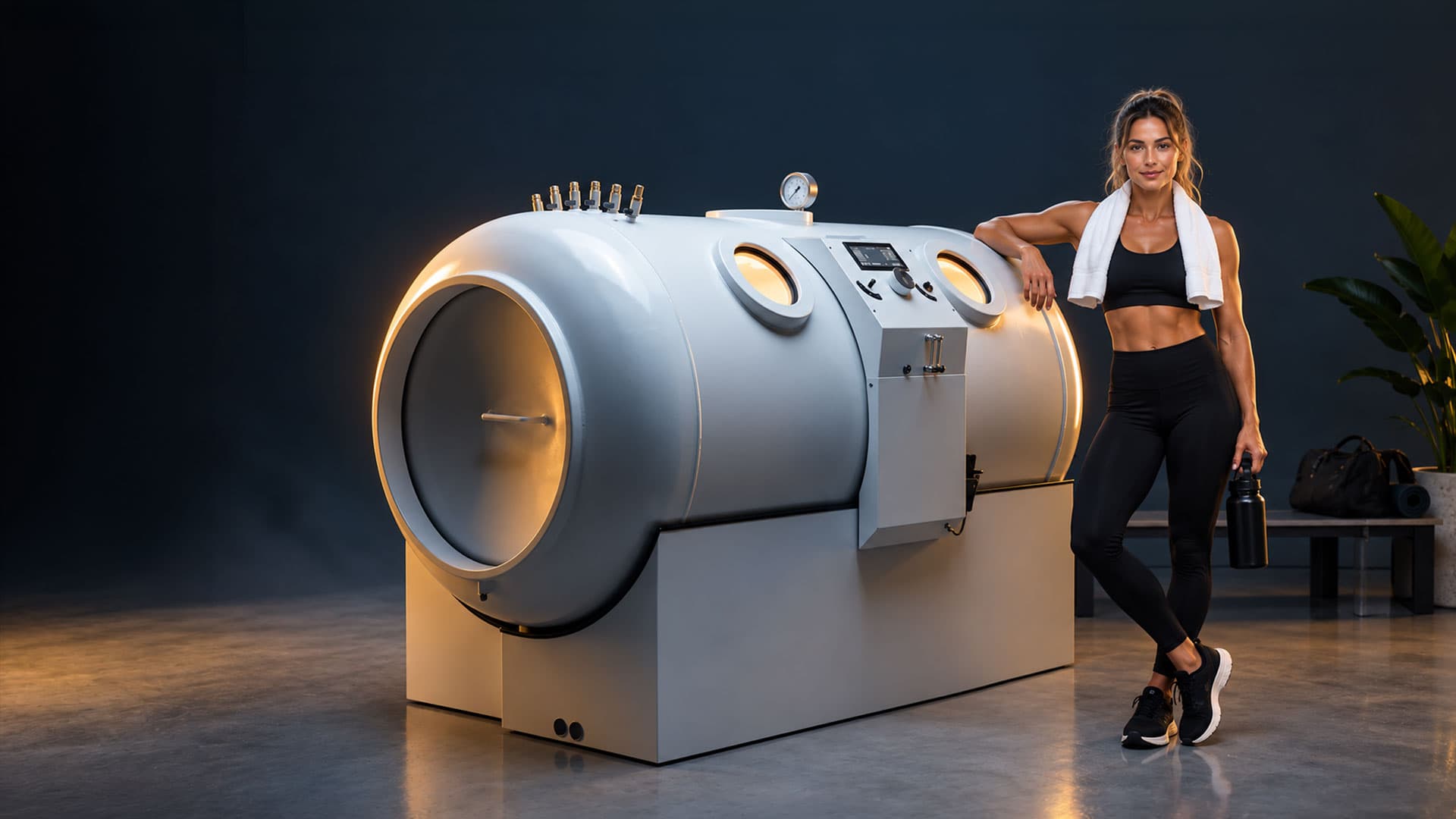 Athlete beside a medical-grade hyperbaric oxygen chamber at ReEnergized in Long Beach, CA