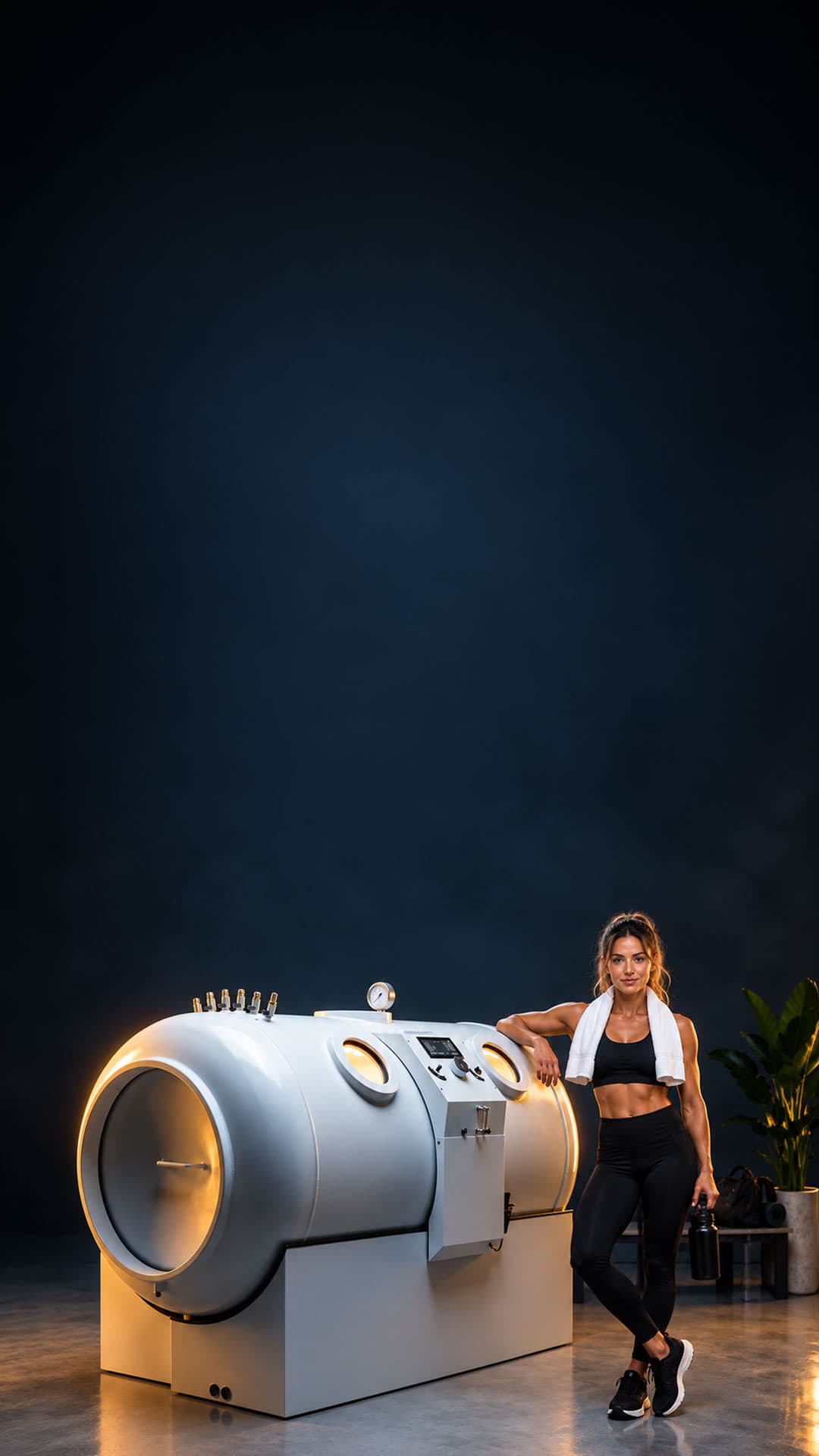 Athlete beside a 2.0 ATA hard-shell hyperbaric oxygen chamber at ReEnergized in Long Beach, CA